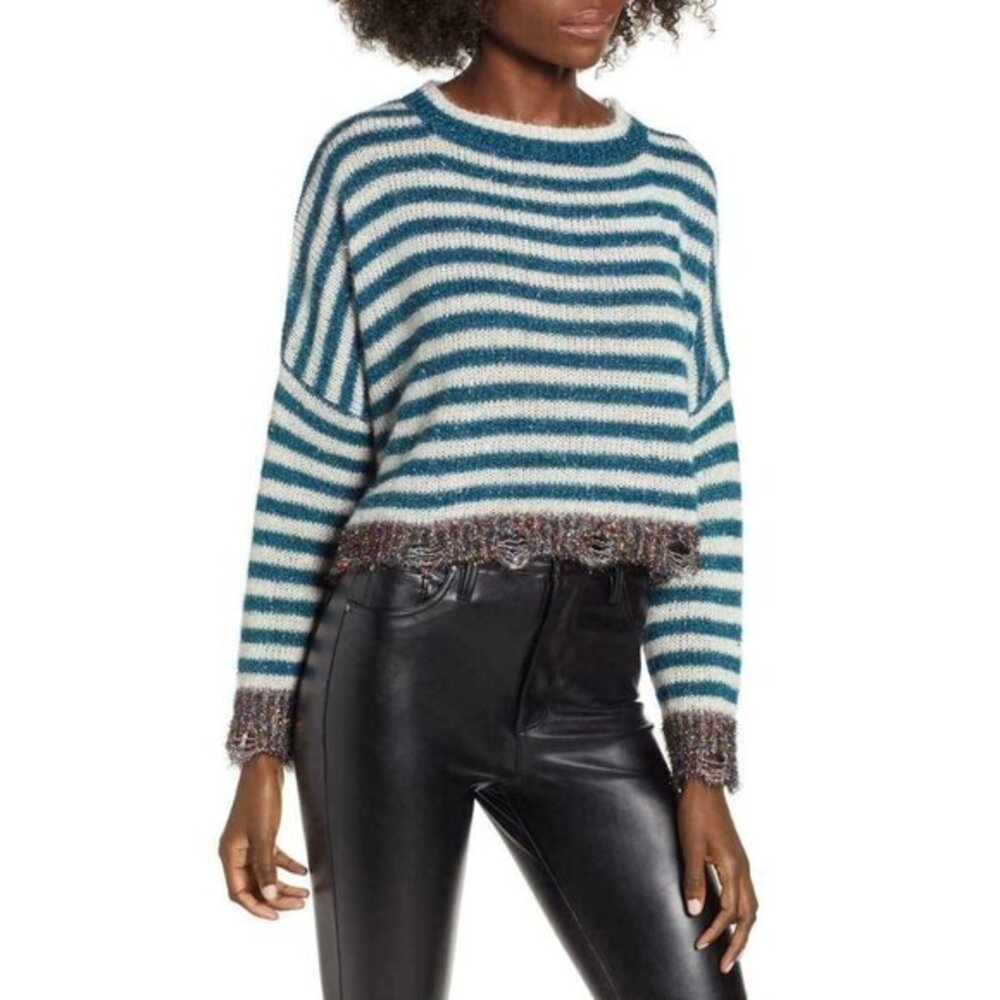 Prima Tinsel Stripe Metallic Crop Holiday Christmas Sweater Long Sleeve SZ S New